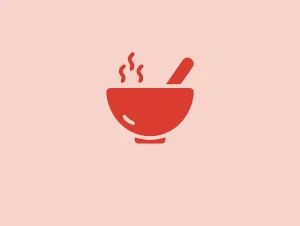 Red bowl icon with steam, stylized design.
