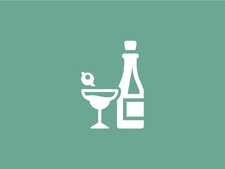 White illustration of a liquor bottle, glass, and cocktail shaker.